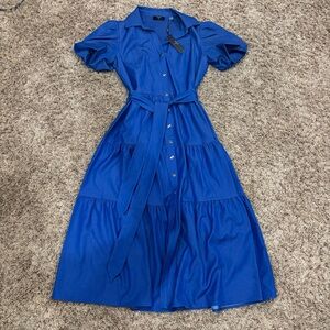 T Tahari Marina Blue Tiered Button-Up Midi Dress